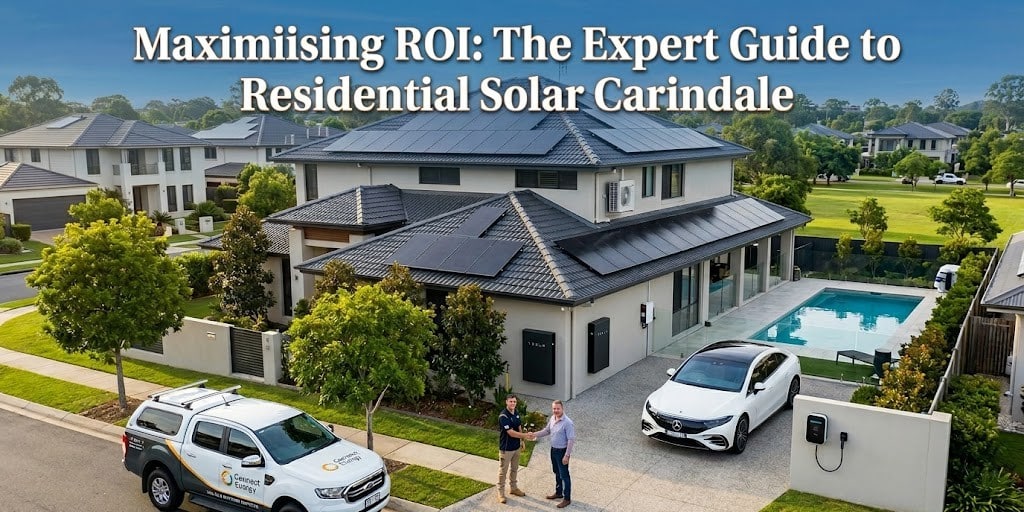 Featured image overlayed with title text: Maximising ROI: The Expert Guide to Residential Solar Carindale, showcasing a premium multi-story home with a 13.2kW solar array, a Tesla Powerwall battery, and a Mercedes EQS EV charging station.