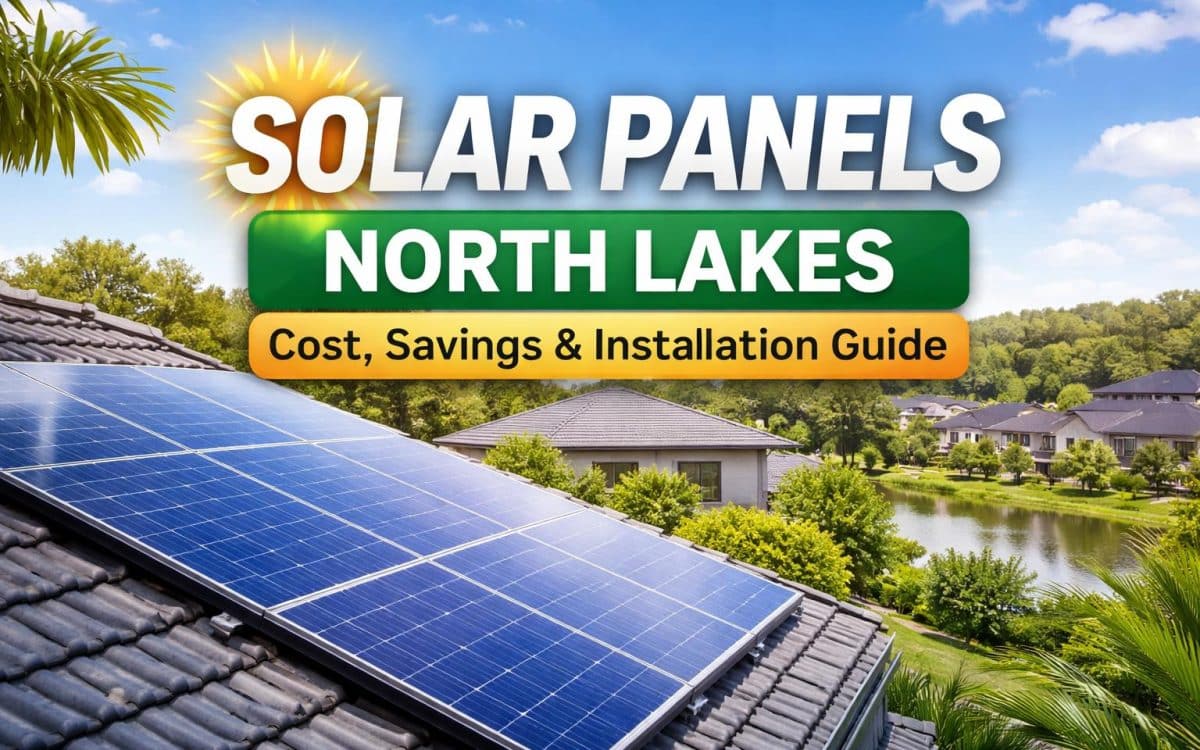 Solar panels installed on a residential rooftop in North Lakes with sunny weather and suburban lake view in the background