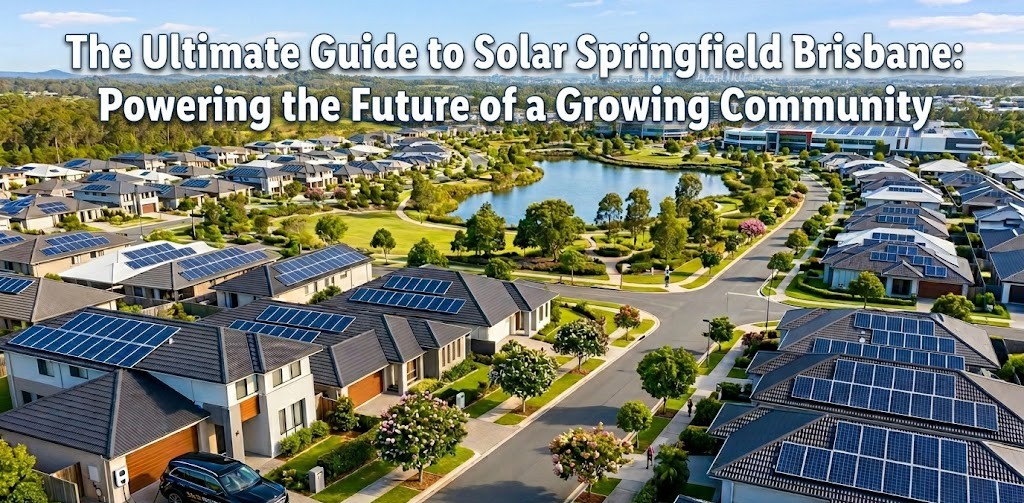 Aerial view of a modern master-planned Springfield neighborhood featuring widespread solar panel installations and a Sigenergy EV charging system in the foreground, with the Brisbane skyline in the distance.