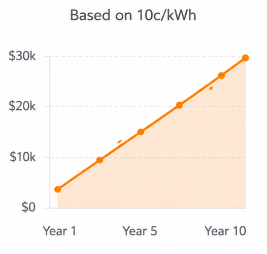 Graph showing standard commercial electricity costs projected over 10 years totaling $27,600, calculated based on an average utility rate of 10c per kWh.