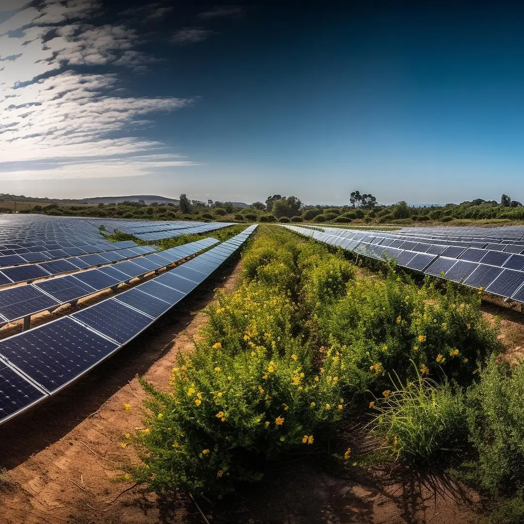Rows of ground-mounted solar panel arrays on a solar farm under a clear sky.