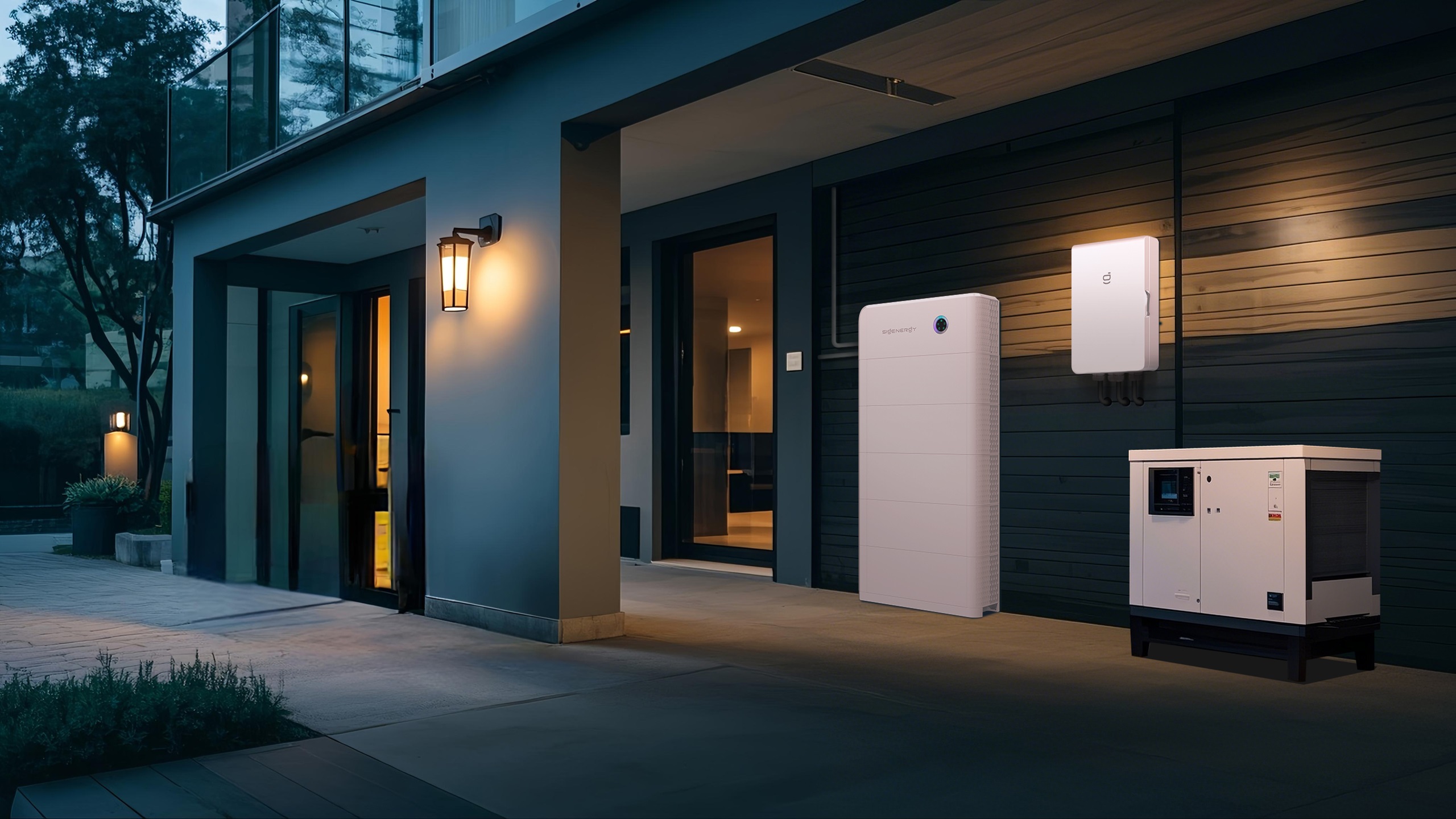 An outdoor installation shot of a white Sigen Energy Gateway cabinet mounted against a modern garage wall under evening lighting, indicating uninterrupted whole-home backup power readiness.