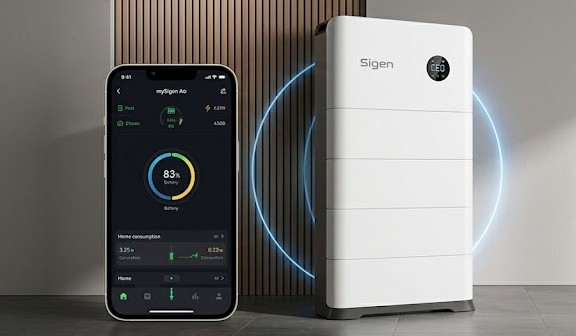 The white stackable Sigenergy NEO battery storage tower shown next to a smartphone running the mySigen app dashboard interface, demonstrating real-time home energy monitoring and smart AI settings.